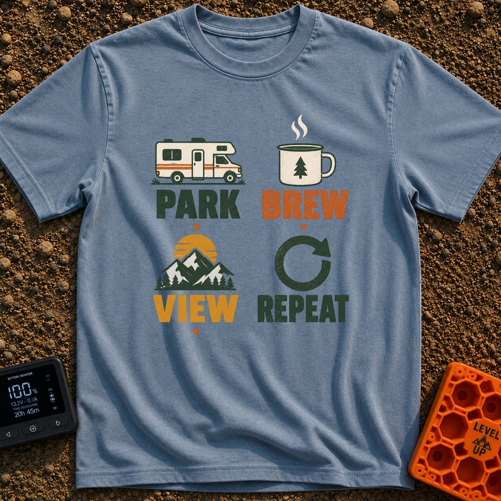 Brew View Repeat - T-Shirt in Blue Jean - A four-part graphic design featuring a Class C motorhome above the word 'PARK',...