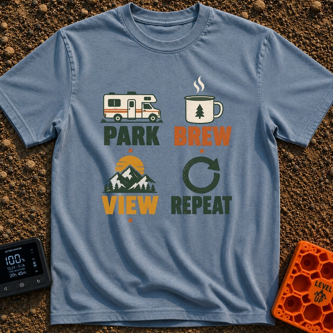 Brew View Repeat - T-Shirt in Blue Jean - A four-part graphic design featuring a Class C motorhome above the word 'PARK',...