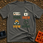Brew View Repeat - T-Shirt in Pepper - A four-part graphic design featuring a Class C motorhome above the word 'PARK', a...