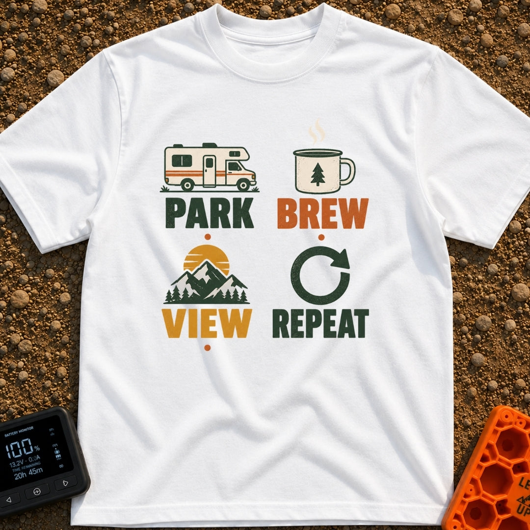 Brew View Repeat - T-Shirt in White - A four-part graphic design featuring a Class C motorhome above the word 'PARK', a...