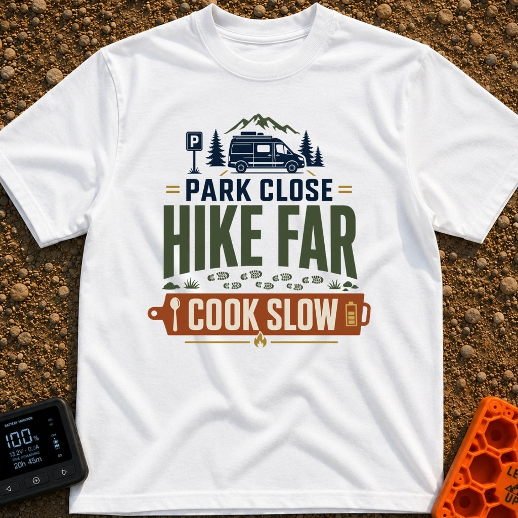Hike Far Cook Slow - T-Shirt in White - A typographic graphic showing a camper van parked near mountains and pine trees,...