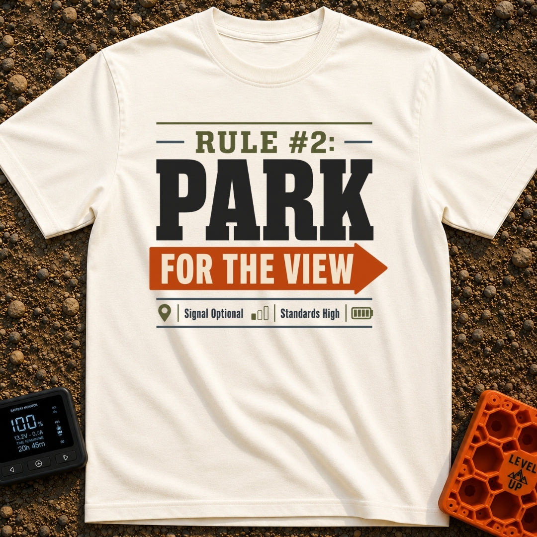 Parking With Purpose - T-Shirt in Ivory - A typographic design featuring the text 'RULE #2: PARK' and 'FOR THE VIEW'...