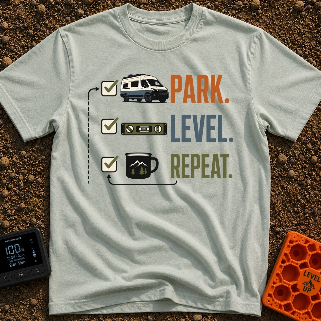 Park Level Repeat - T-Shirt in Bay - A three-step checklist graphic featuring the words "PARK.", "LEVEL.", and "REPEAT."...