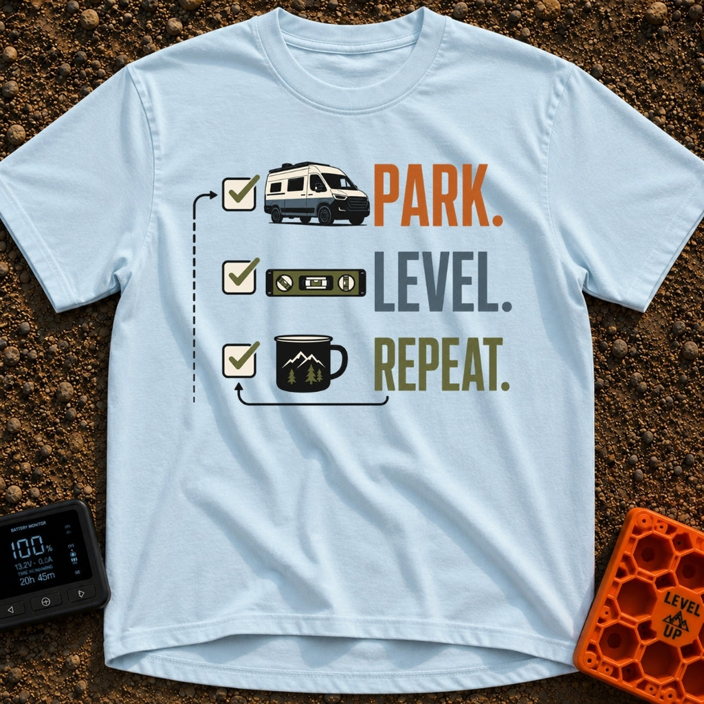 Park Level Repeat - T-Shirt in Chambray - A three-step checklist graphic featuring the words "PARK.", "LEVEL.", and...