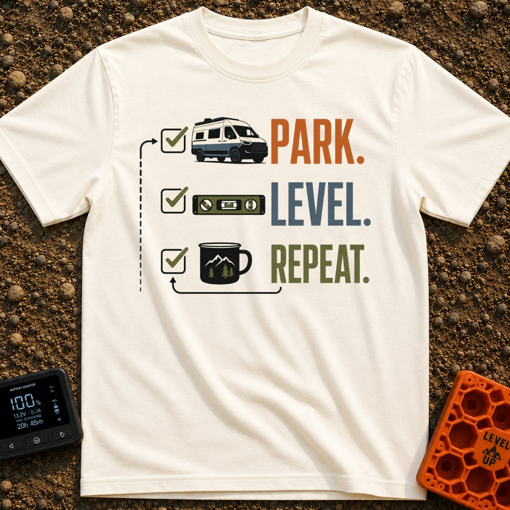 Park Level Repeat - T-Shirt in Ivory - A three-step checklist graphic featuring the words "PARK.", "LEVEL.", and...