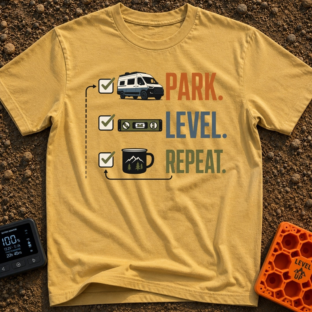Park Level Repeat - T-Shirt in Mustard - A three-step checklist graphic featuring the words "PARK.", "LEVEL.", and...