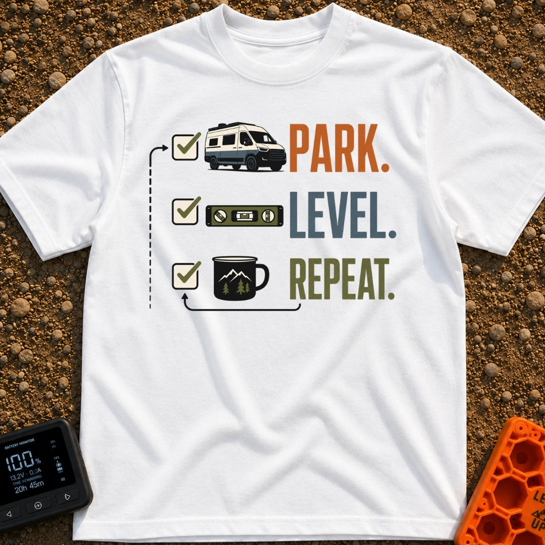 Park Level Repeat - T-Shirt in White - A three-step checklist graphic featuring the words "PARK.", "LEVEL.", and...