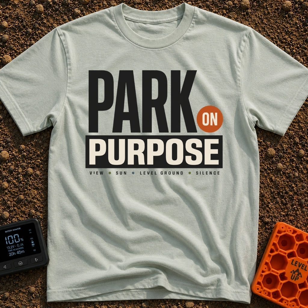 Park On Purpose - T-Shirt in Bay - A purely typographic design featuring the large stacked text "PARK ON PURPOSE" with...