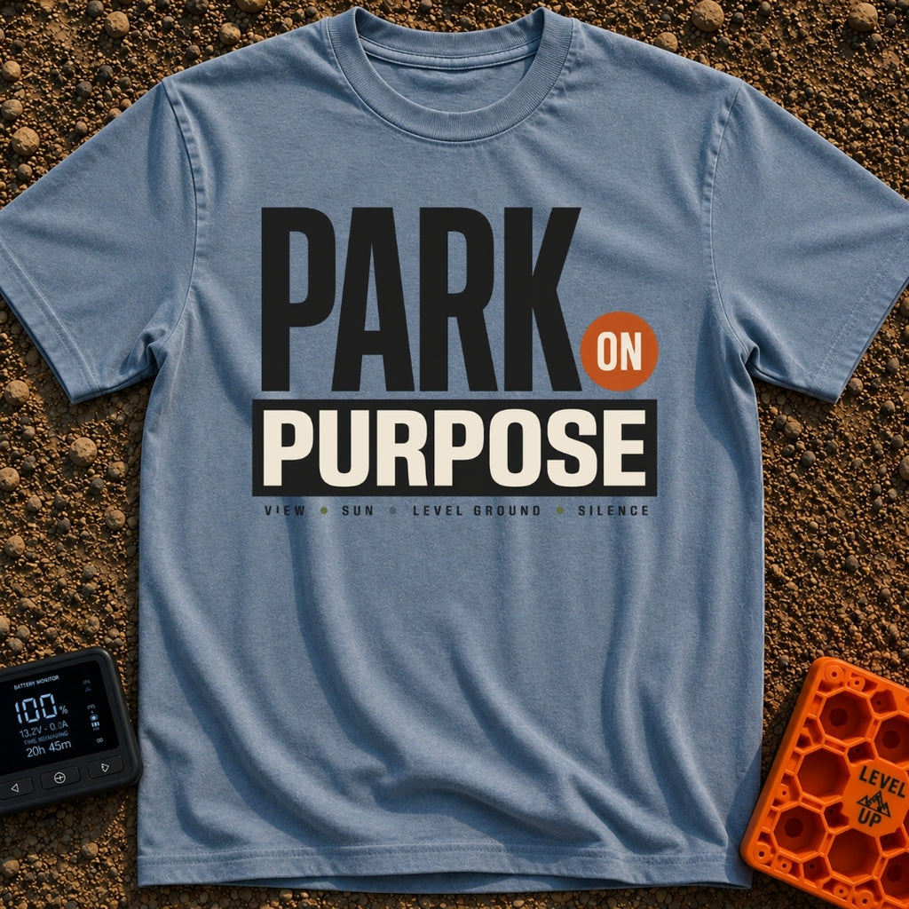 Park On Purpose - T-Shirt in Blue Jean - A purely typographic design featuring the large stacked text "PARK ON PURPOSE"...