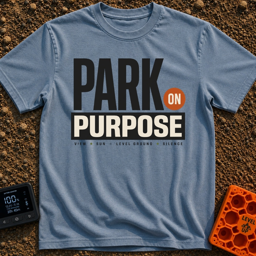 Park On Purpose - T-Shirt in Blue Jean - A purely typographic design featuring the large stacked text "PARK ON PURPOSE"...