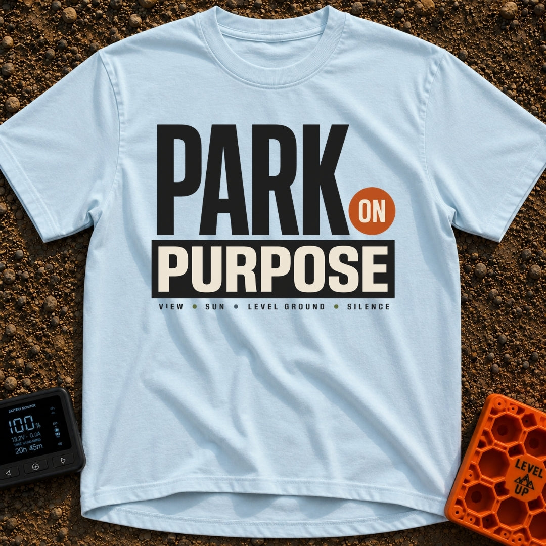 Park On Purpose - T-Shirt in Chambray - A purely typographic design featuring the large stacked text "PARK ON PURPOSE"...