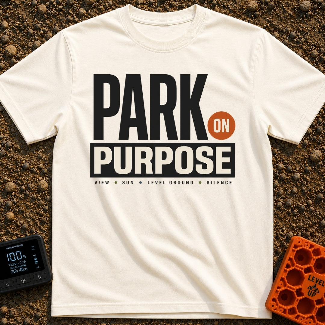 Park On Purpose - T-Shirt in Ivory - A purely typographic design featuring the large stacked text "PARK ON PURPOSE" with...