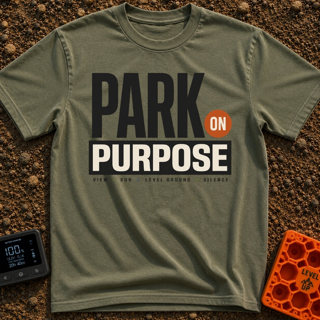 Park On Purpose - T-Shirt in Moss - A purely typographic design featuring the large stacked text "PARK ON PURPOSE" with...