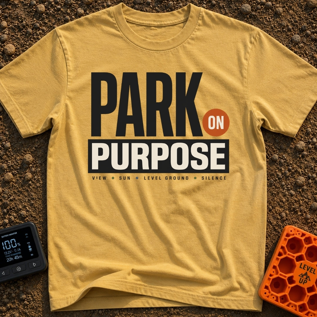 Park On Purpose - T-Shirt in Mustard - A purely typographic design featuring the large stacked text "PARK ON PURPOSE"...