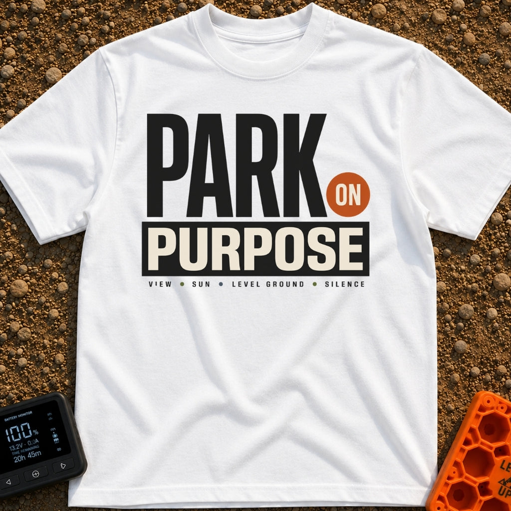 Park On Purpose - T-Shirt in White - A purely typographic design featuring the large stacked text "PARK ON PURPOSE" with...