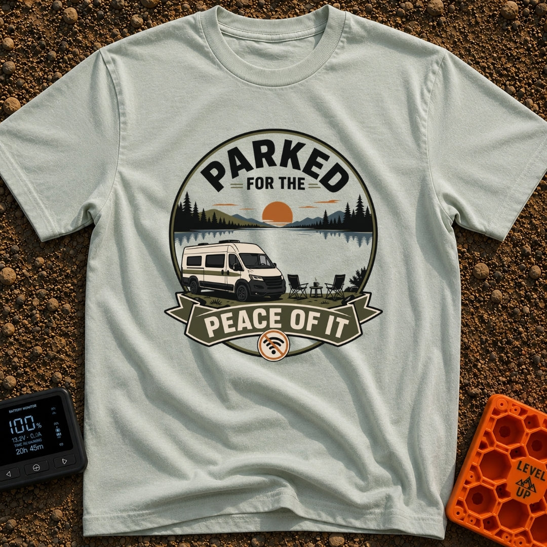 Parked For Some Peace - T-Shirt in Bay - An illustration of a camper van parked next to a calm lake with mountains and a...