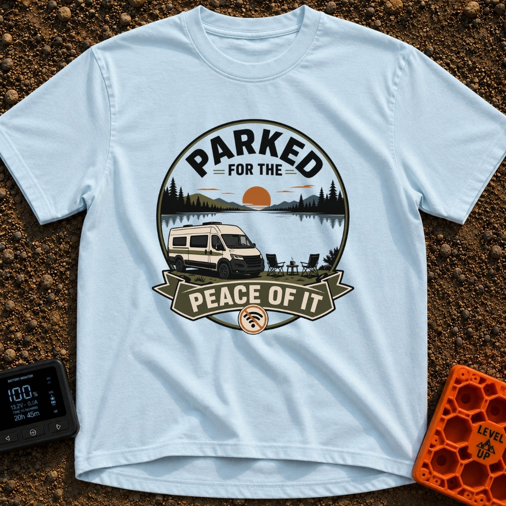 Parked For Some Peace - T-Shirt in Chambray - An illustration of a camper van parked next to a calm lake with mountains...