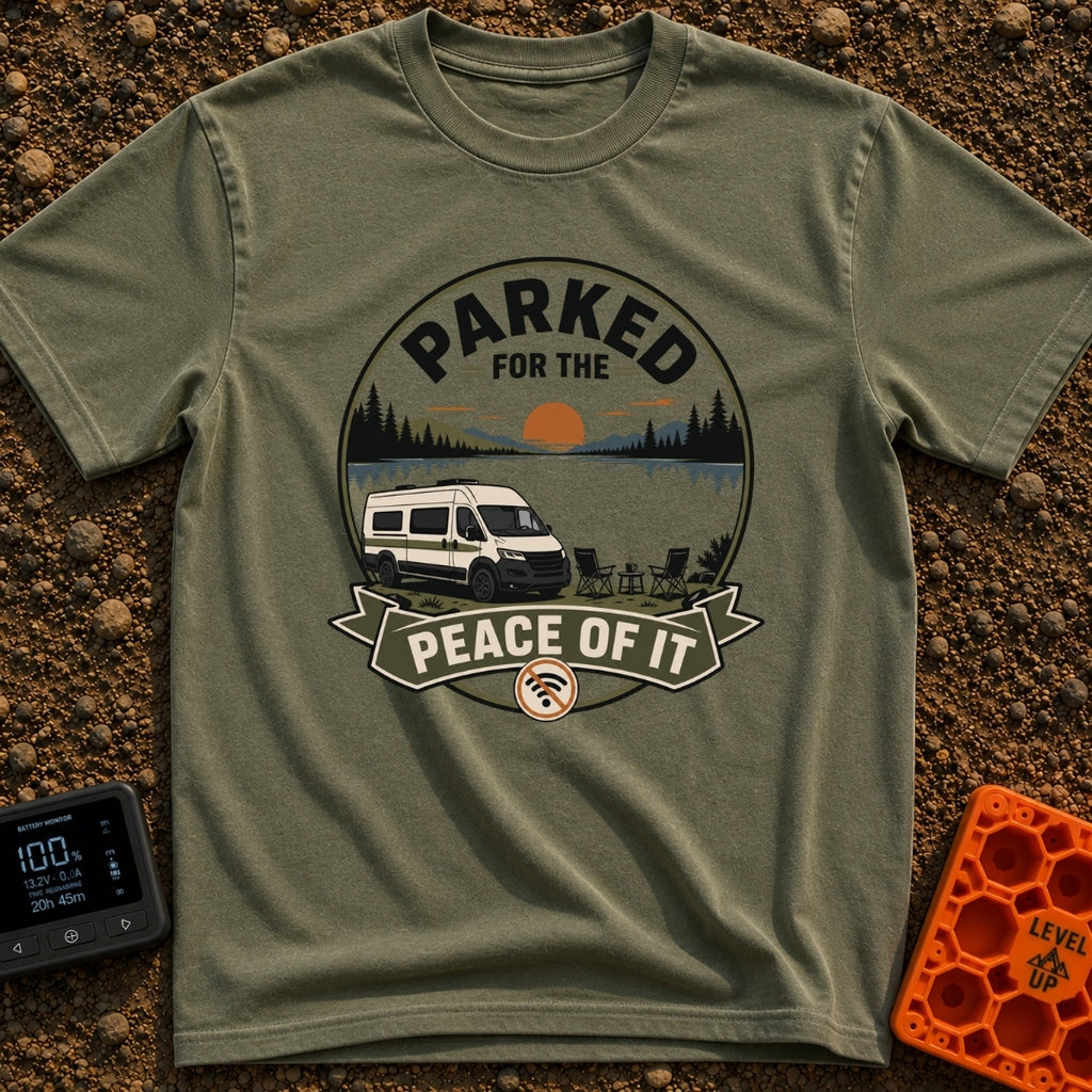 Parked For Some Peace - T-Shirt in Moss - An illustration of a camper van parked next to a calm lake with mountains and a...
