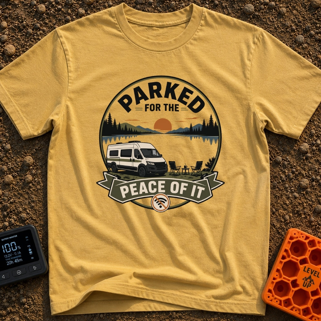 Parked For Some Peace - T-Shirt in Mustard - An illustration of a camper van parked next to a calm lake with mountains...