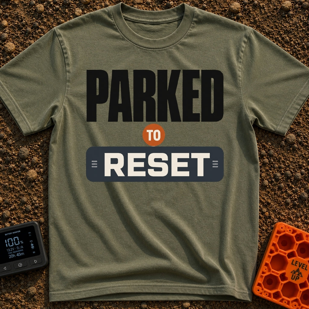 Parked To Reset - T-Shirt in Moss - A typographic design that reads "PARKED TO RESET". The word "PARKED" is in large...