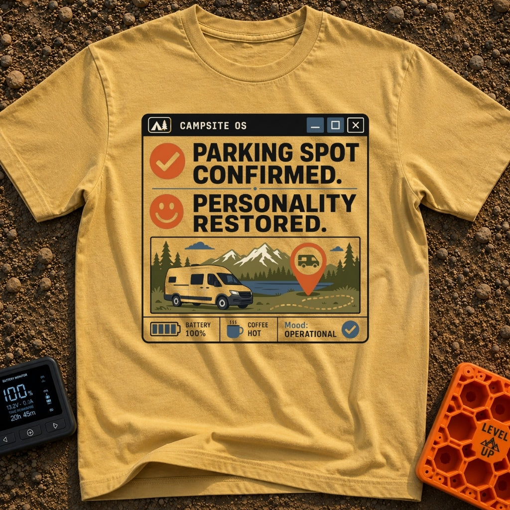 Parked Personality Restored - T-Shirt in Mustard - A graphic styled like a computer window titled "CAMPSITE OS" with text...