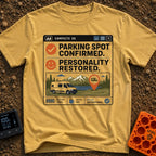 Parked Personality Restored - T-Shirt in Mustard - A graphic styled like a computer window titled "CAMPSITE OS" with text...