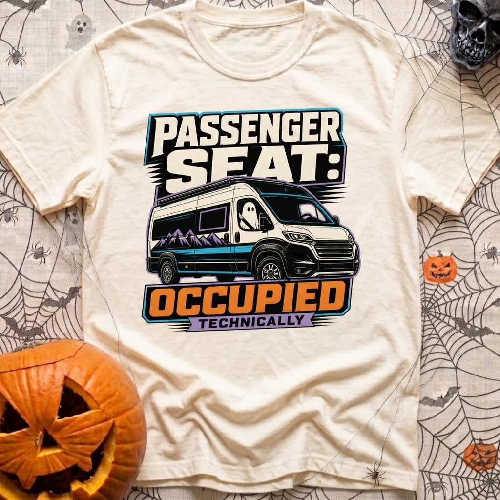 Technically Riding Shotgun - T-Shirt in Ivory - A white camper van with mountain graphics on its side, featuring a...