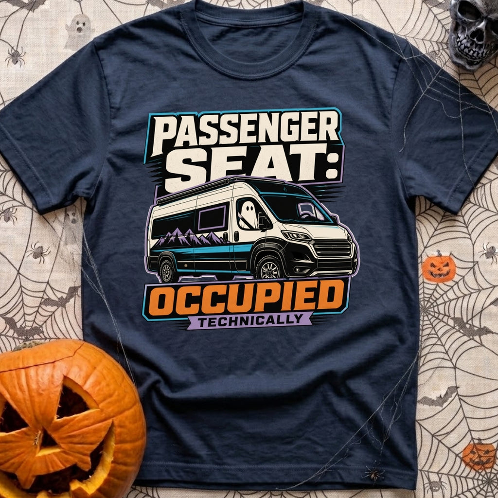 Technically Riding Shotgun - T-Shirt in Navy - A white camper van with mountain graphics on its side, featuring a classic...