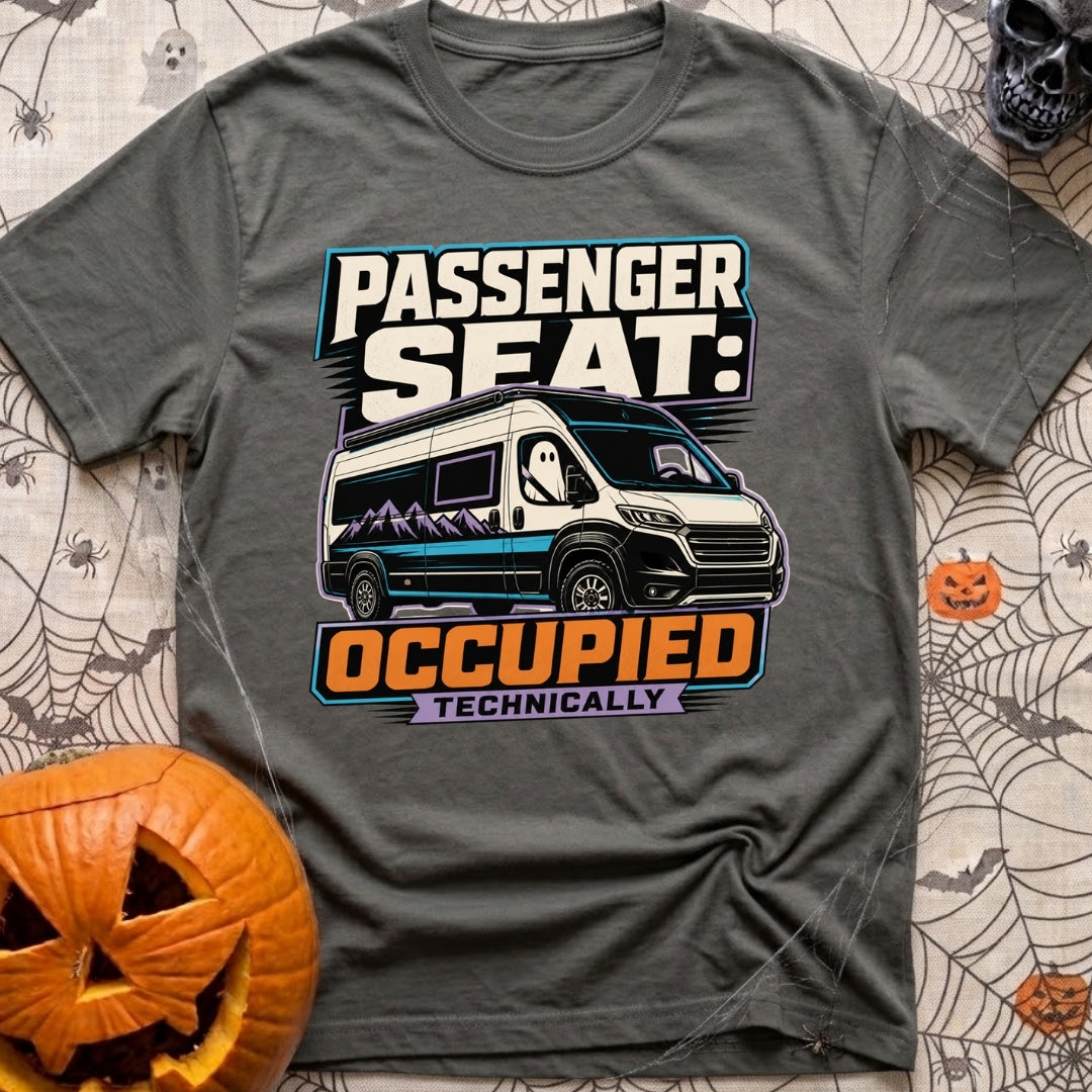 Technically Riding Shotgun - T-Shirt in Pepper - A white camper van with mountain graphics on its side, featuring a...