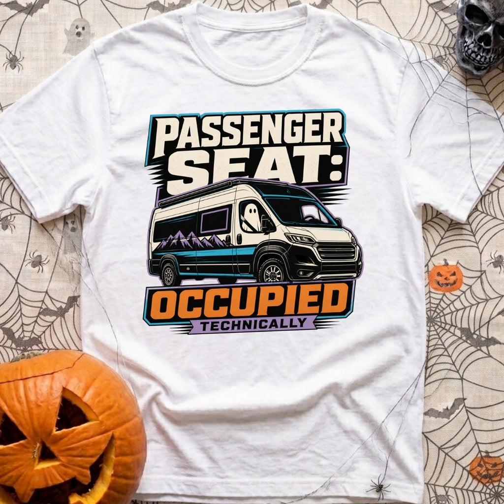 Technically Riding Shotgun - T-Shirt in White - A white camper van with mountain graphics on its side, featuring a...
