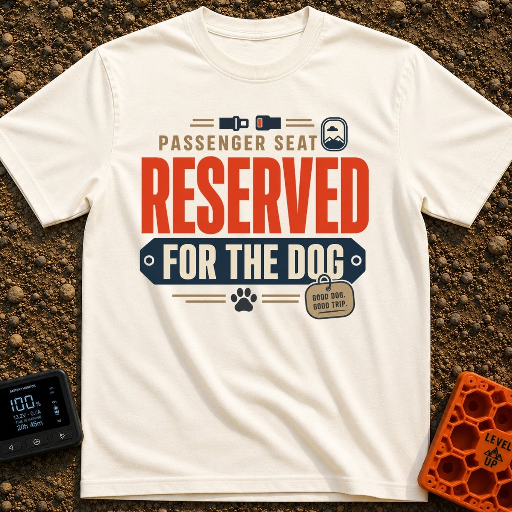 Dog Rides Shotgun - T-Shirt in Ivory - A typographic design featuring the text "PASSENGER SEAT RESERVED FOR THE DOG" in...