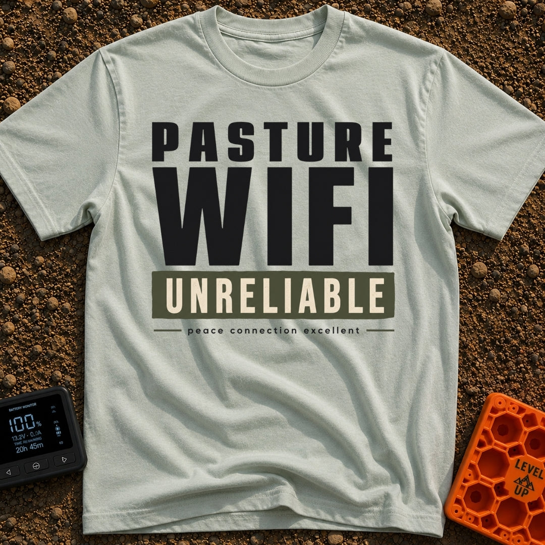 Nature's Patchy Signal - T-Shirt in Bay - A text-based design featuring the stacked words "PASTURE WIFI", followed by...