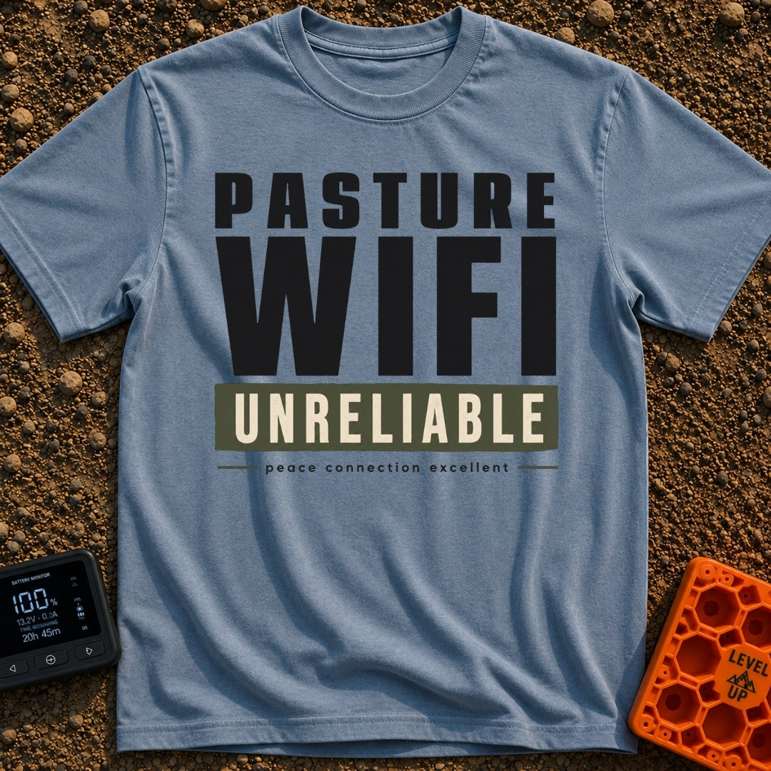 Nature's Patchy Signal - T-Shirt in Blue Jean - A text-based design featuring the stacked words "PASTURE WIFI", followed...