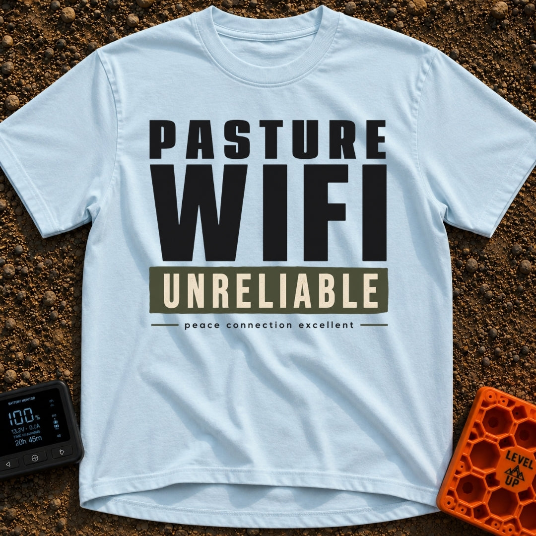 Nature's Patchy Signal - T-Shirt in Chambray - A text-based design featuring the stacked words "PASTURE WIFI", followed...