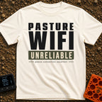 Nature's Patchy Signal - T-Shirt in Ivory - A text-based design featuring the stacked words "PASTURE WIFI", followed by...