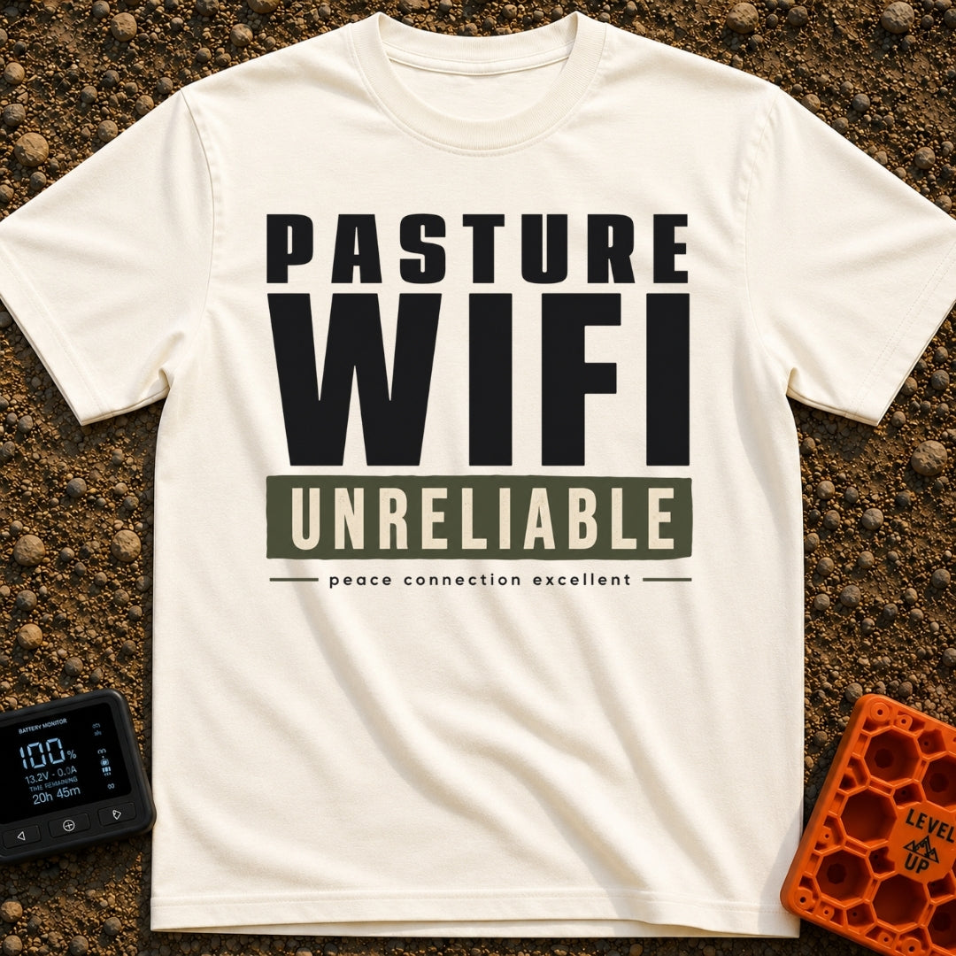 Nature's Patchy Signal - T-Shirt in Ivory - A text-based design featuring the stacked words "PASTURE WIFI", followed by...