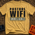 Nature's Patchy Signal - T-Shirt in Mustard - A text-based design featuring the stacked words "PASTURE WIFI", followed by...