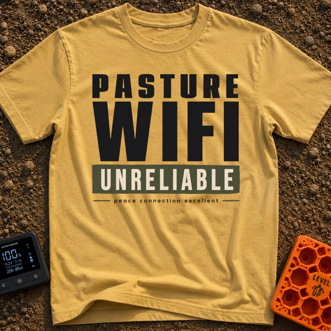 Nature's Patchy Signal - T-Shirt in Mustard - A text-based design featuring the stacked words "PASTURE WIFI", followed by...
