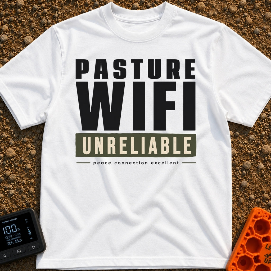 Nature's Patchy Signal - T-Shirt in White - A text-based design featuring the stacked words "PASTURE WIFI", followed by...