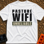 Nature's Patchy Signal - T-Shirt in White - A text-based design featuring the stacked words "PASTURE WIFI", followed by...