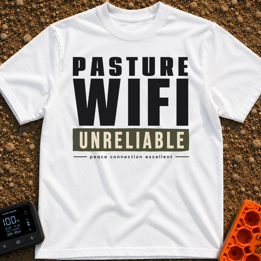 Nature's Patchy Signal - T-Shirt in White - A text-based design featuring the stacked words "PASTURE WIFI", followed by...