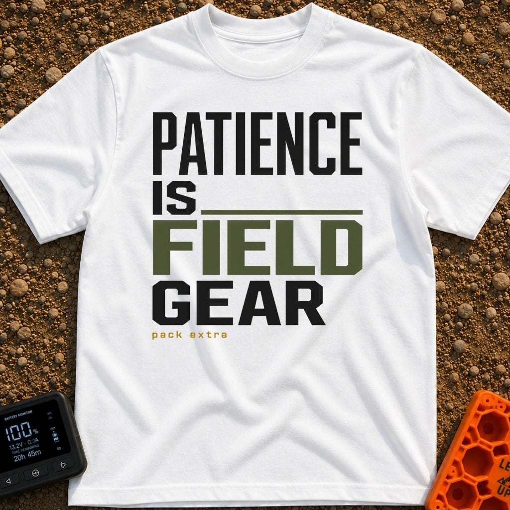 Patience Is Field Gear - T-Shirt in White - A typographic design featuring the stacked text "PATIENCE IS FIELD GEAR" in...