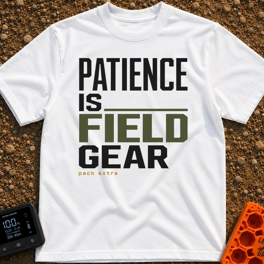 Patience Is Field Gear - T-Shirt in White - A typographic design featuring the stacked text "PATIENCE IS FIELD GEAR" in...