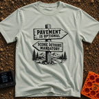 No Pavement Required - T-Shirt in Bay - A black and white illustration of a wooden signpost with two directional arrows...