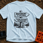 No Pavement Required - T-Shirt in Chambray - A black and white illustration of a wooden signpost with two directional...
