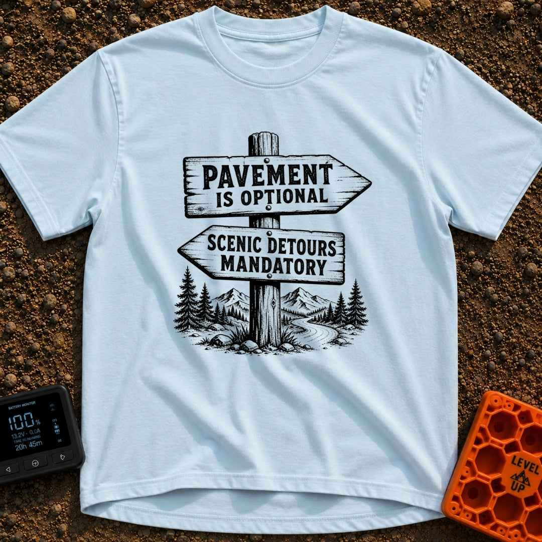 No Pavement Required - T-Shirt in Chambray - A black and white illustration of a wooden signpost with two directional...