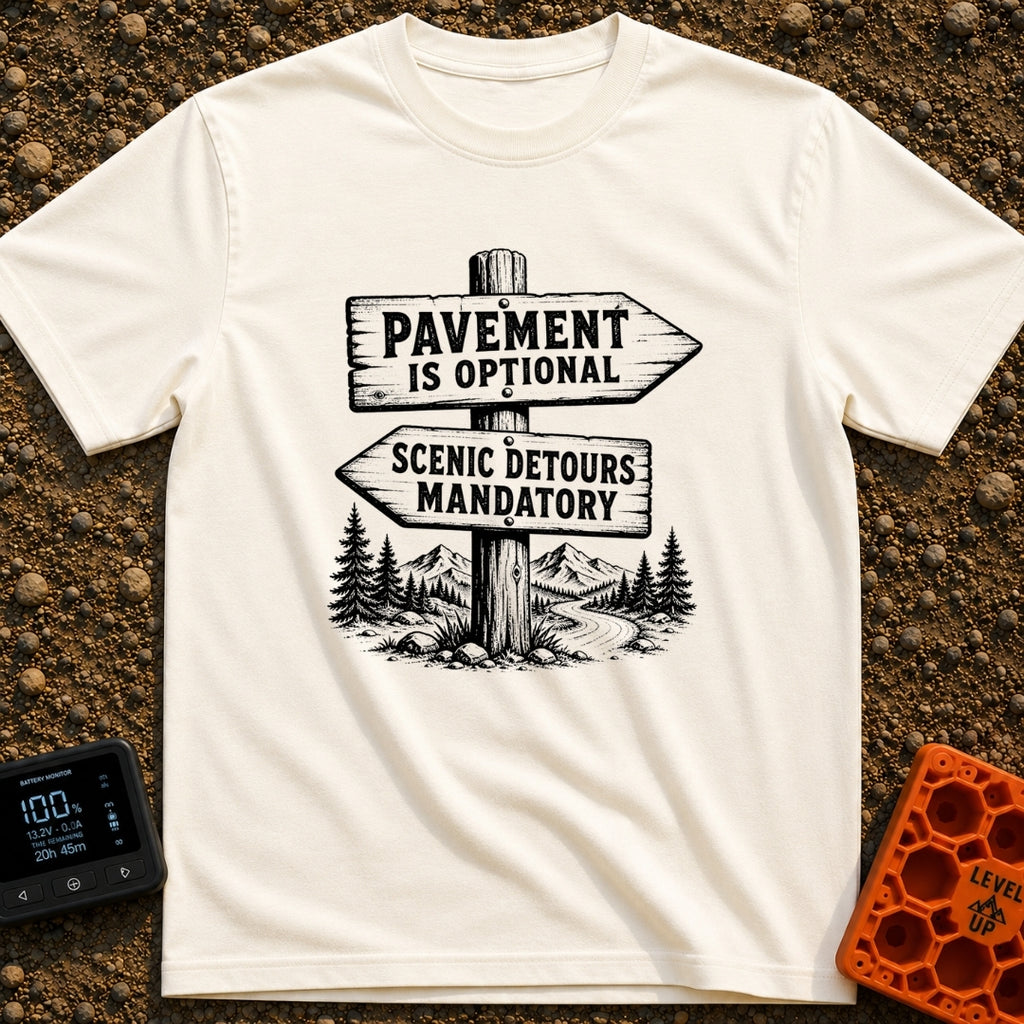 No Pavement Required - T-Shirt in Ivory - A black and white illustration of a wooden signpost with two directional arrows...