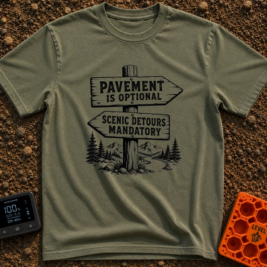 No Pavement Required - T-Shirt in Moss - A black and white illustration of a wooden signpost with two directional arrows...