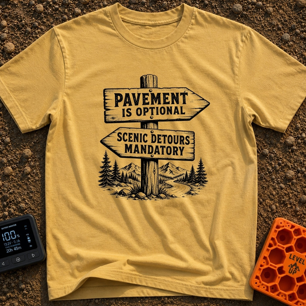 No Pavement Required - T-Shirt in Mustard - A black and white illustration of a wooden signpost with two directional...