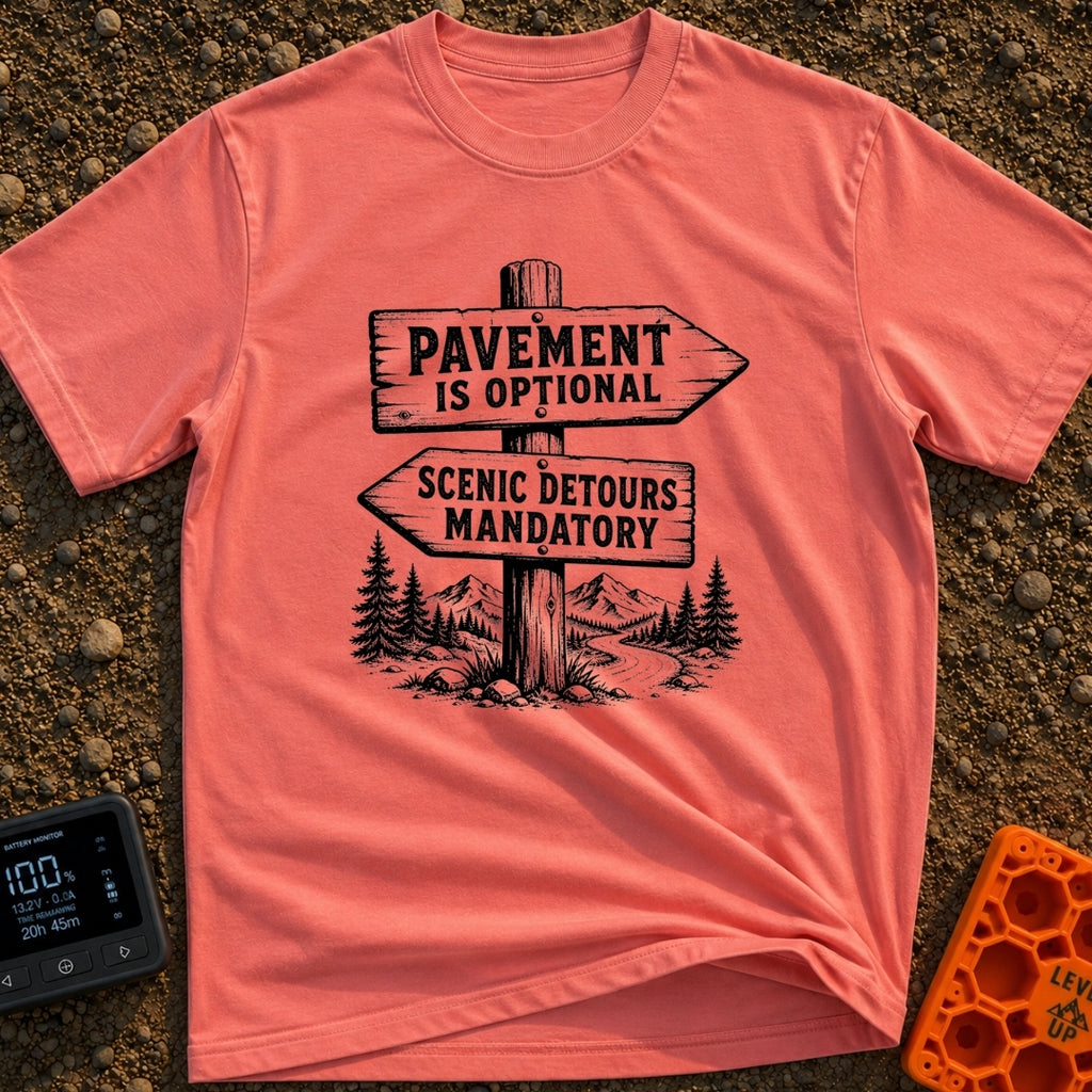 No Pavement Required - T-Shirt in Watermelon - A black and white illustration of a wooden signpost with two directional...